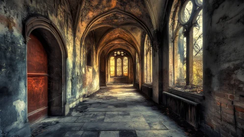 Sunlit abandoned cloister corridor glows with faded grandeur.