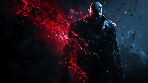 Cybernetic antihero framed by explosive red shards.