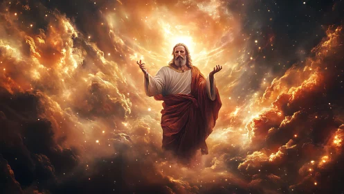 Radiant sky elder drifting through molten cosmic clouds.