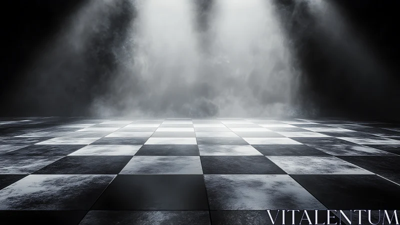 Moody spotlight over reflective checkered stage floor.