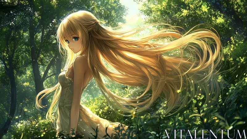 Girl with long blonde hair stands in sunlit green forest
