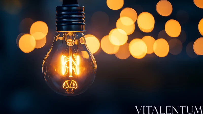 Incandescent bulb filament glows sharply against defocused bokeh orbs