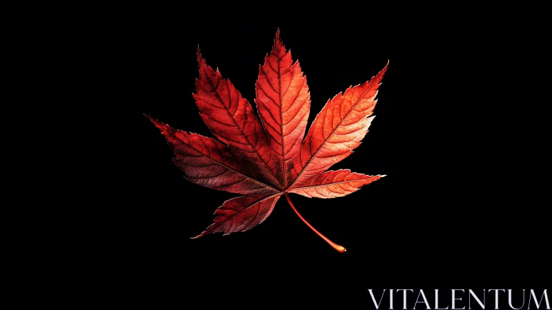 Macro study of red maple leaf on black field background.