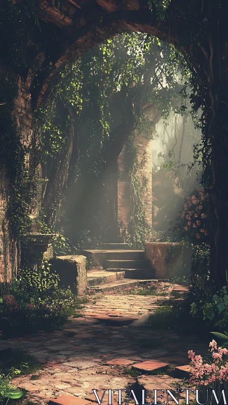 Sunlit ivy arcade overgrown around ancient stone steps.