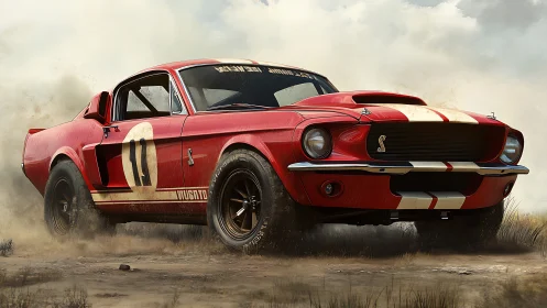 Red vintage fastback race car traverses dusty terrain