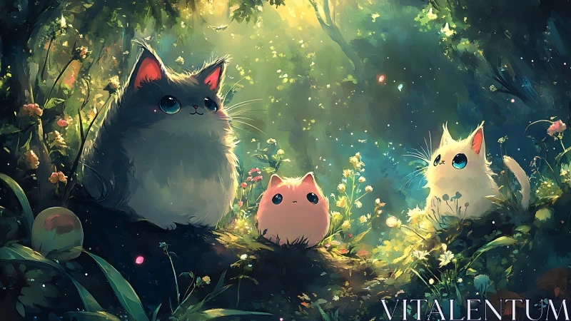 Cats with Red Ears in Illuminated Forest Setting
