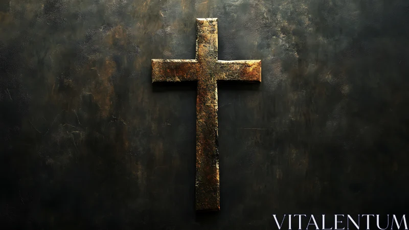 Weathered metal cross stands quietly against dark wall
