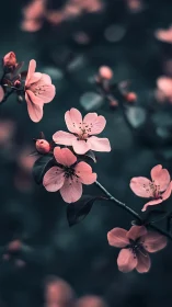 Delicate pink blossoms dance with subtle grace and moody charm