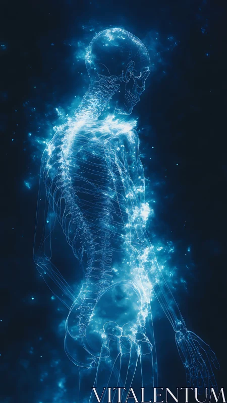 Luminous human skeleton profile in glowing blue nebula field.
