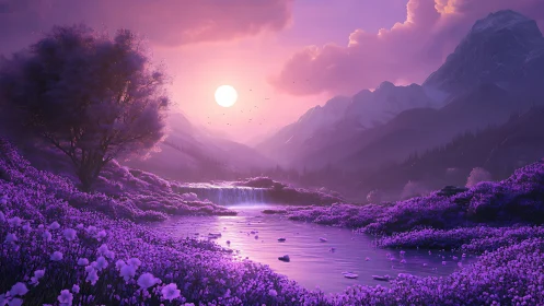 Lavender twilight valley where rivers hum in rose light.