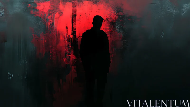 Silhouetted figure against textured red light field