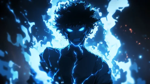 Electrified anime hero wreathed in intense blue energy flames.