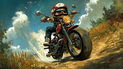 Child biker powers red motorcycle down dusty country trail