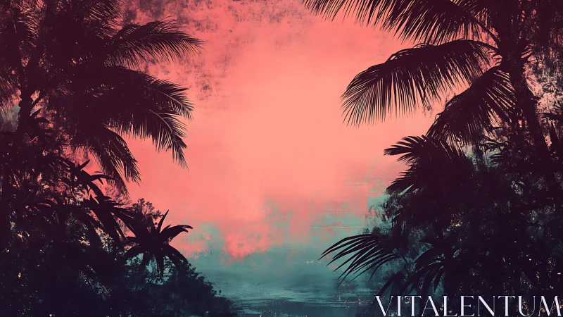 Neon dusk palms framing a hazy tropical horizon glow.