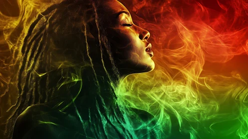 Serene profile in glowing red, yellow, and green smoke.