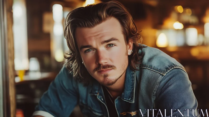 Soft-lit portrait of man in denim within warm bokeh bar.