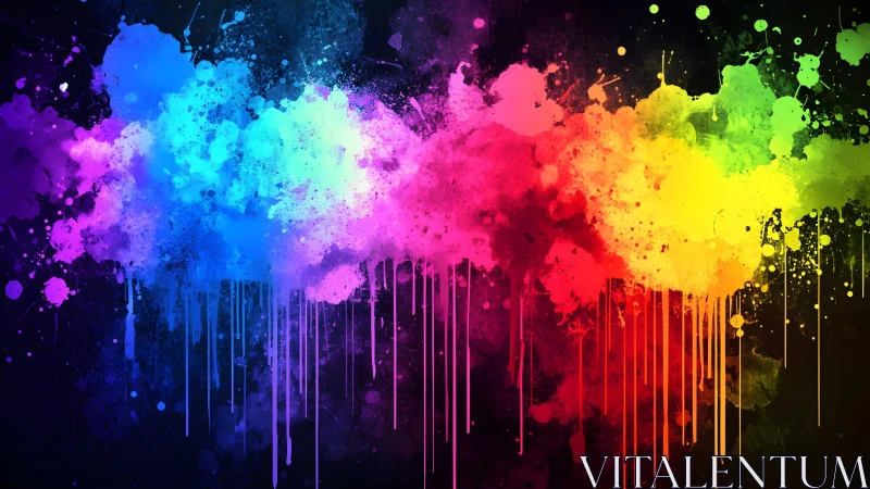 Vibrant multicolor paint splash on black background, abstract digital art.