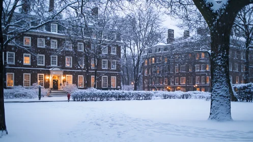 Snow-covered campus courtyard glows with warm window light.
