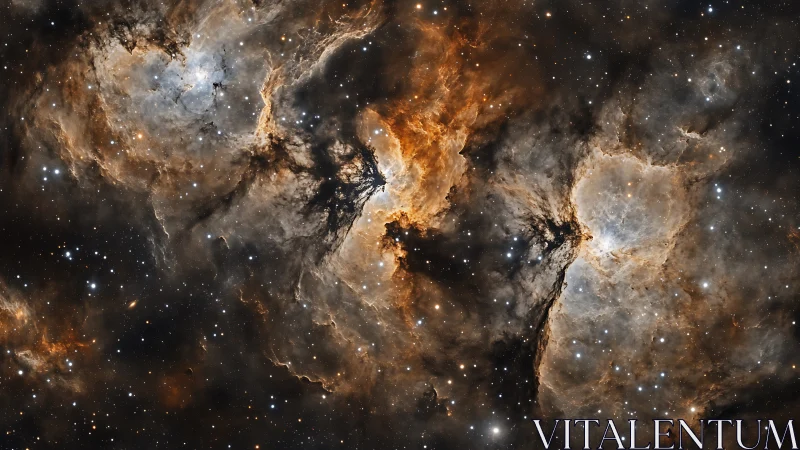 Stellar nebula clouds with golden ionized gas filaments.