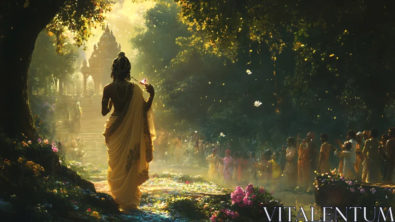 Divine figure in golden forest procession toward temple portal.