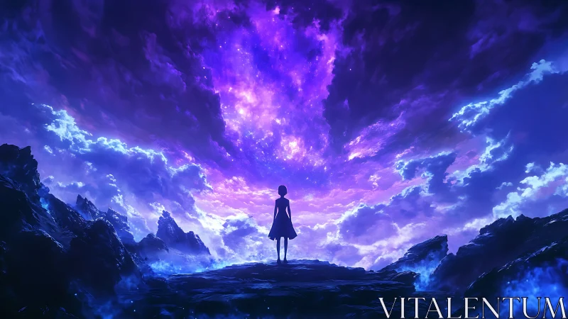 Stargazer on a glowing cliff beneath a swirling violet sky.