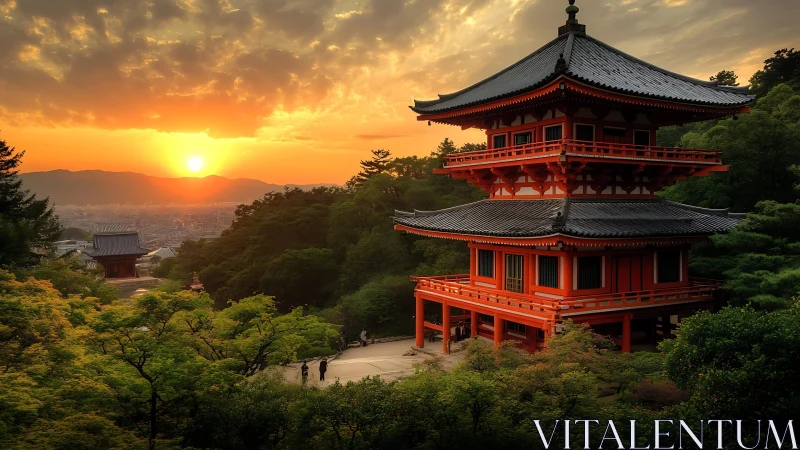 Japanese pagoda at sunset above forested hillside cityscape.