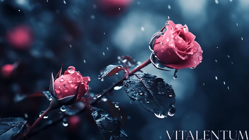Pink Roses in Rain with Water Droplets.