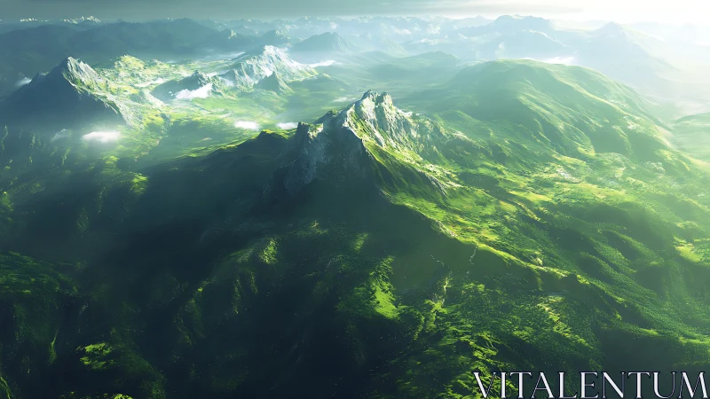 Sunlit green mountain range extends across distant hazy horizon