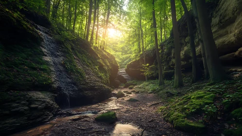 Forest canyon with stream and filtered sunlight through canopy.