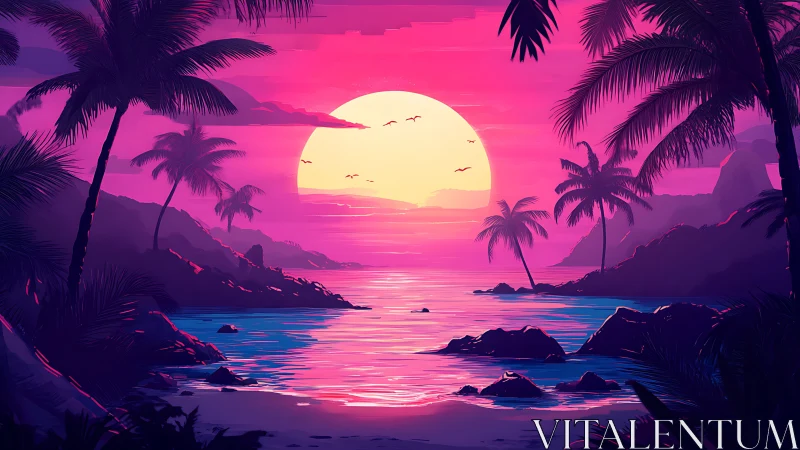 Chromatic tropical bay under neon-saturated digital sunset.