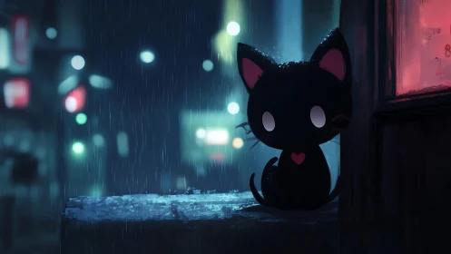 Cartoon black cat on city windowsill in nighttime rain.