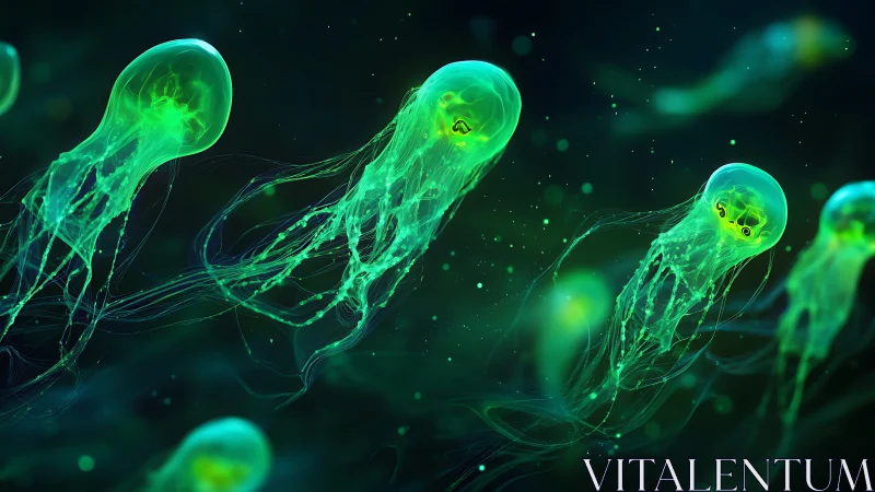 Bioluminescent medusoids in neon pelagic drift visualization.