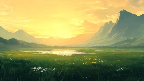 Golden valley sunrise over calm lake and quiet peaks.