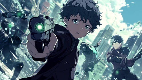 Young anime hero aiming sci fi pistol in ruined city.