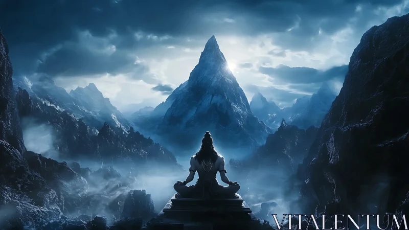 Silhouetted seated figure before misty mountain range at dawn.