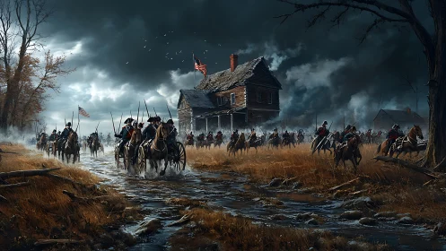 Digital painting of Civil War cavalry column at rustic homestead.