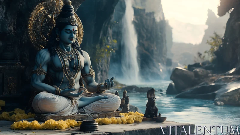 Blue-skinned meditating deity statue sits beside river waterfall