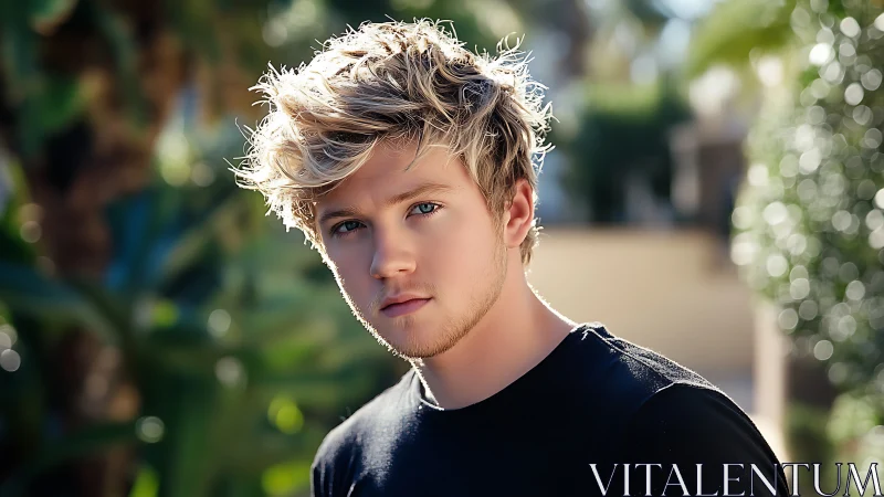 Thoughtful blonde young man in warm outdoor sunlight.