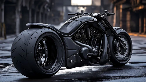 Custom black futuristic cruiser motorcycle in wet street