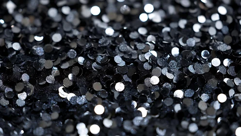 Close-up of Black and Silver Glitter Confetti, Abstract Bokeh Style.