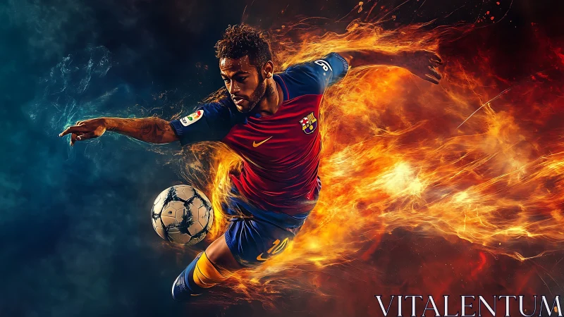 Dynamic football striker rendered in fiery motion blur effects