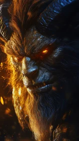 Infernal horned beast portrait in blazing ember light.
