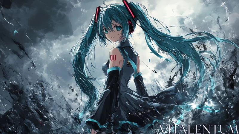 Stormlit cyber songstress standing in swirling energy.