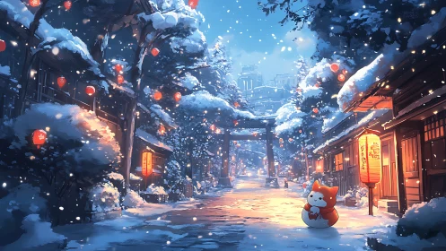 Snowy lantern street with fox mascot under winter dusk glow.
