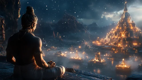 Meditating ascetic overlooking luminous stepped temple city.