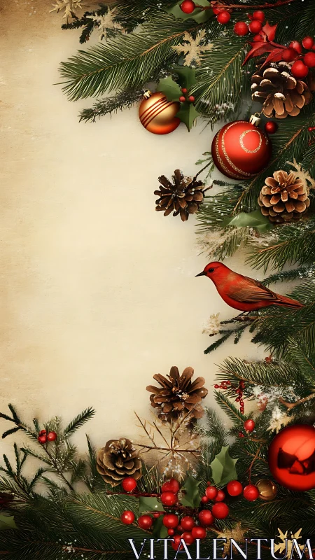 Crimson cardinal amid evergreen Christmas garland glow.