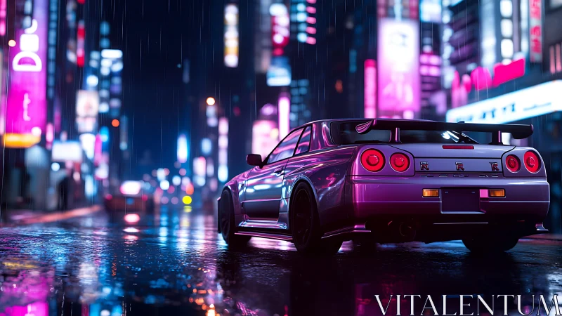 Neon night drive with a silver street racer in the rain.