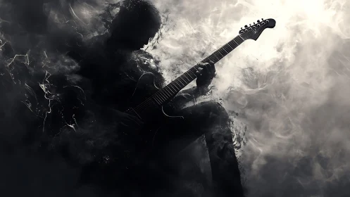 Shadowed electric guitarist emerging from dense smoke.