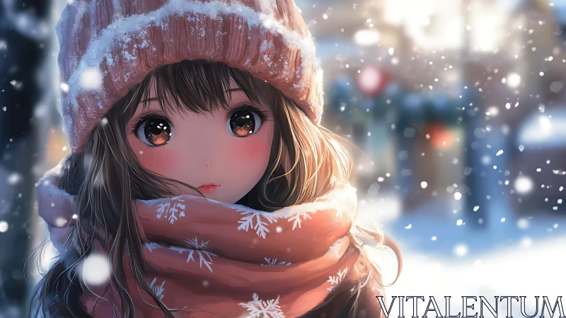 Winter anime girl with snowlit scarf and soft snowfall.