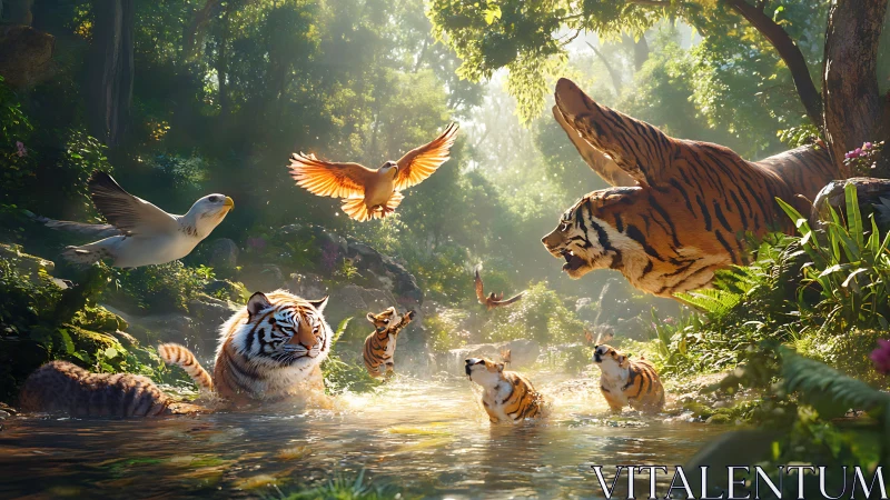 Jungle Sanctuary: Tigers and Wildlife in Luminous Forest Stream.